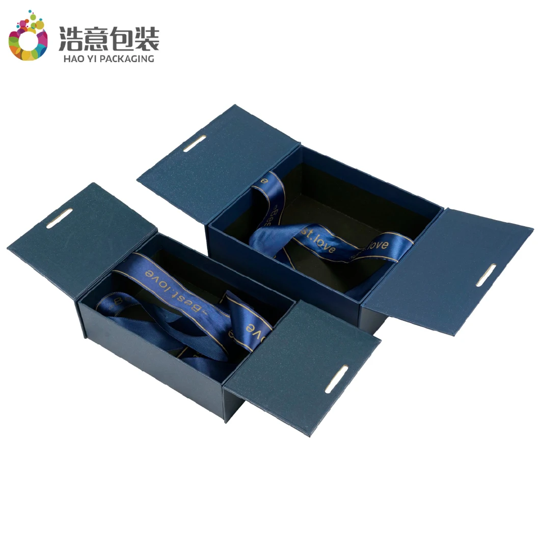Custom Printed Luxury Blue Cardboard Cosmetics Makeup Clothes Magnetic Paper Gift Packaging Jewelry Box for Watch Wedding Party Festival Packing with Ribbon